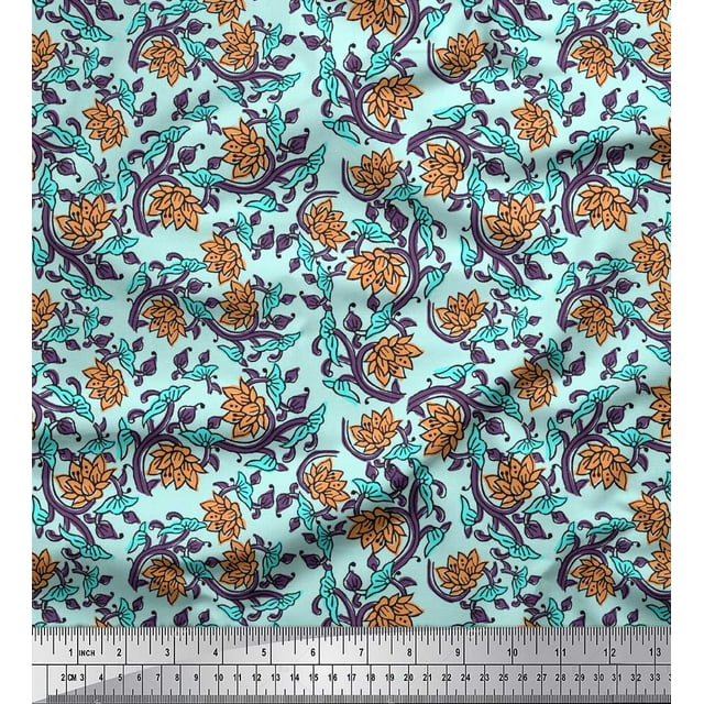 Soimoi Cotton Voile Fabric Leaves & Lotus Block Print Fabric by Yard 56 Inch Wide