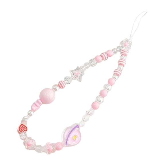 Almencla Beaded Phone Case Wrist Strap Keyring Bangle Chain Cartoon Phone Chain Strap Pink