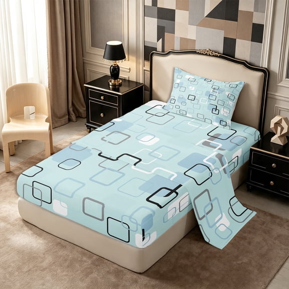 Castle Fairy Abstract Square Twin Sheets 3pcs,Minimalism Frame Shape Bedding,Sky Blue Pale Cyan,1 Flat Sheet, 1 Fitted Sheet and 1 Pillowcase