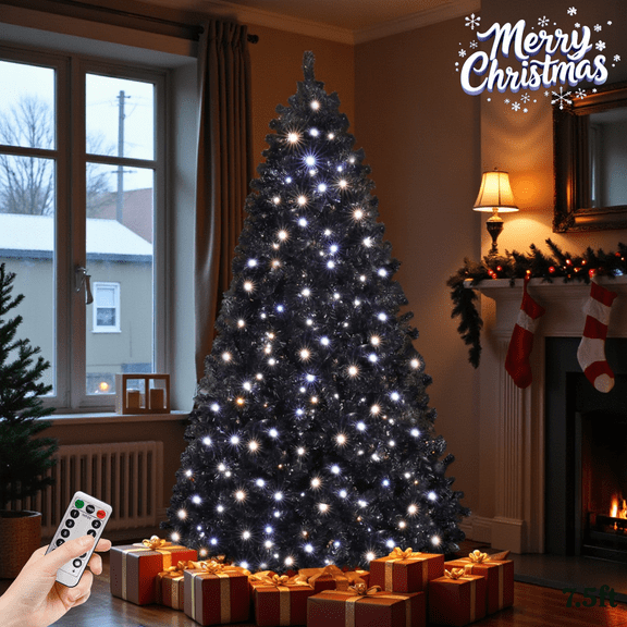 7.5FT Black Prelit Christmas Tree with 400 LED Lights, 11 Lighting Modes, Cold & Warm White Options, 1350 Realistic PVC Tips, Modern Holiday Décor, Includes Remote & Sturdy Metal Stand