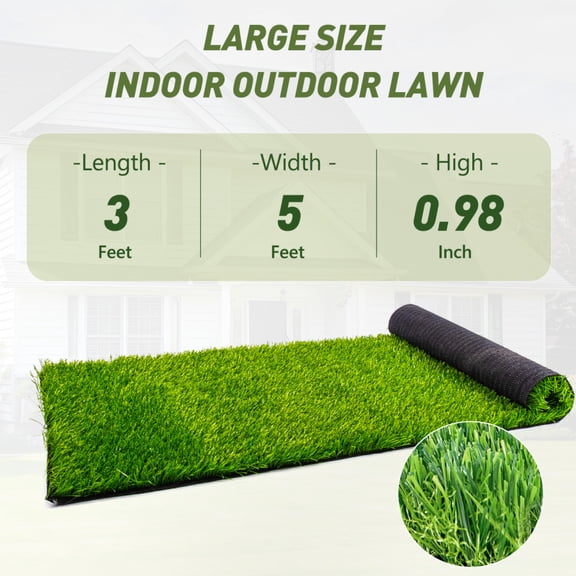 Realistic Deluxe Artificial Grass Synthetic Thick Lawn Turf Carpet 3 FT x 5 FT (15 Sq Ft) Indoor Outdoor Pet & Kids Friendly Fake Lawn