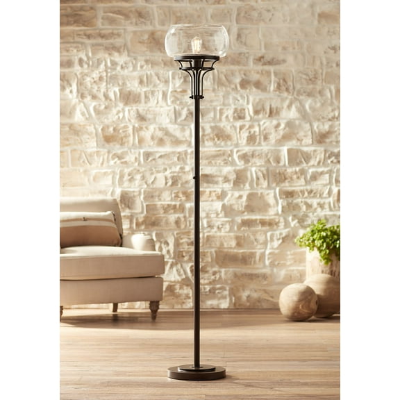 Franklin Iron Works Industrial Torchiere Floor Lamp with USB Charging Port 72 1/2" Tall Oil Rubbed Bronze Glass Shade Living Room