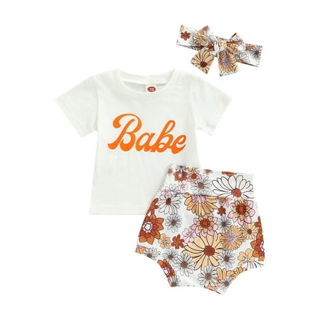 

CIYCuIT 3Pcs Baby Girl Summer Clothes Set Letter Print Short Sleeve T Shirt Top Floral Shorts Headband Outfit