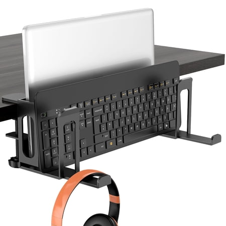 Laptop Stand for Desk Side, 2-Slot Adjustable Desk Clamp Laptop Holder with Headphone Hanger, Space Saving Double Notebook Organizer