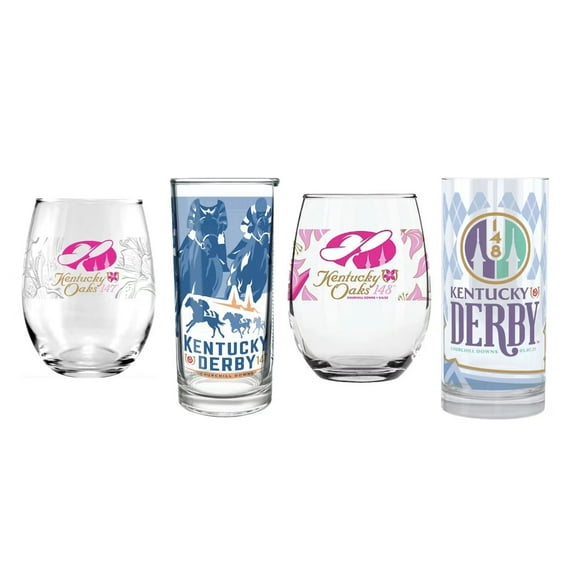 Kentucky Derby 147th & 148th Mint Julep & Oaks Stemless Wine Glass Bundle, Officially Licensed, 12 oz & 15 oz Glasses of 2021 & 2022