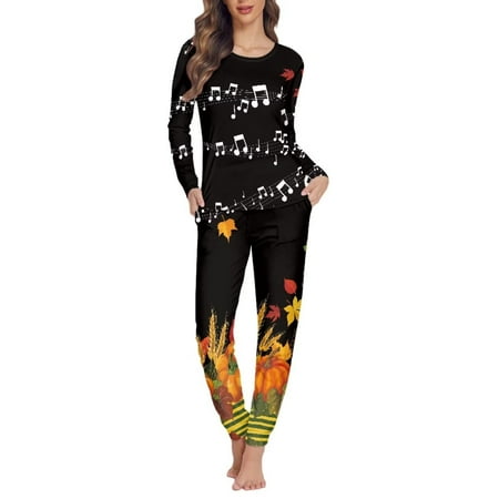 

FKELYI Music Fall Women Pajamas Set of 2 Comfortable Thanksgiving Pumpkin Ladies Pajamas Size XL Polyester Pullover Pants Loose Sleepwear