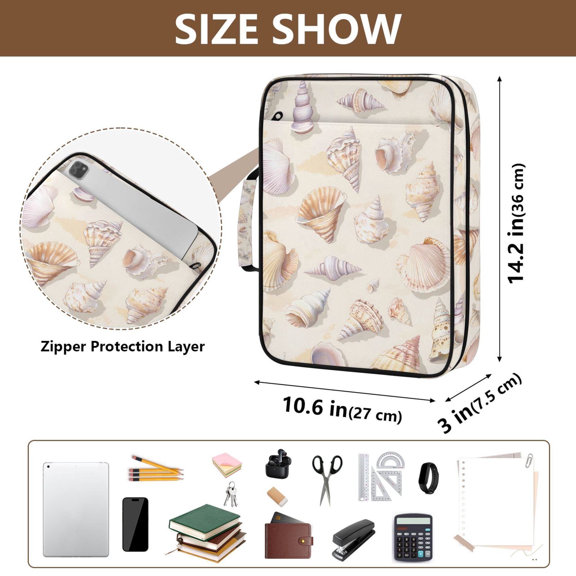 FORMRS Accordion File Folder A4 Size 7-Pocket Expanding Document Organizer Bag with 3 Ring Binder, Colorful Watercolor Seashells