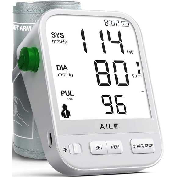 Tensiómetro doméstico: Tensiómetro AILE con gran pantalla LCD retroiluminada, brazalete grande y cómodo, ajustable de 8.7 a 16.5 pulgadas, 2 x 99 registros, fácil de usar.