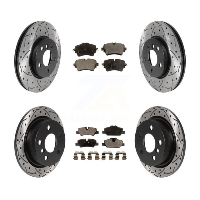 Transit Auto Front Rear Coated Drilled Slotted Disc Brake Rotors and Semi-Metallic Pads Kit for Car Mini Cooper KDF-100861
