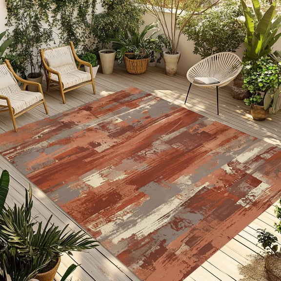 Orange Abstract Outdoor Rug for Patio/Deck/Porch, Non-Slip Large Area Rug 6 x 9 Ft, Vintage Geometric Gradient Oil Painting Modern Indoor Outdoor Rugs Washable Area Rugs, Camping Rug Carpet Runner