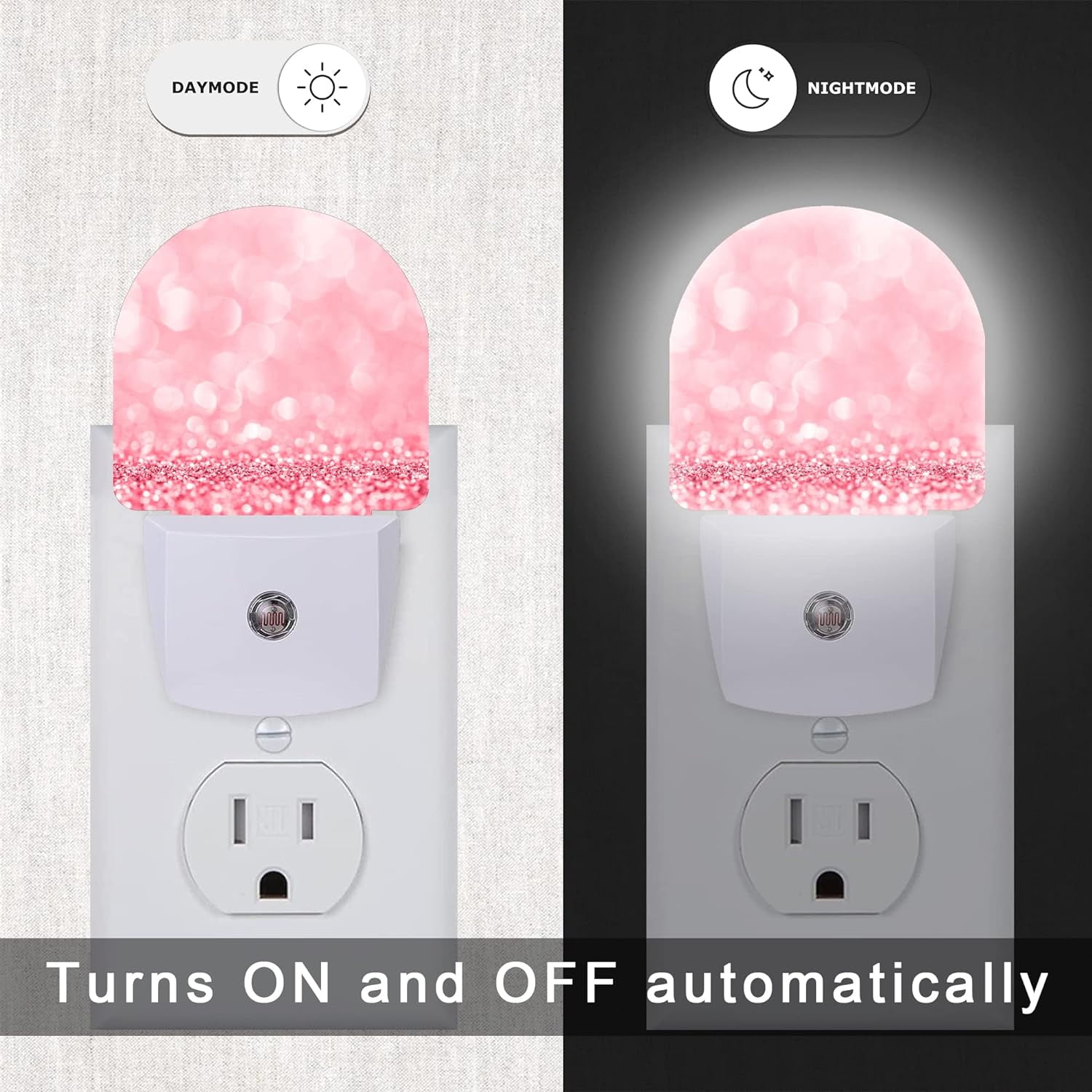 RGHJAR-Pink Glitter Night Light,Night Lights Plug into Wall Decor for Stairway/Hallway/Kitchen,Dusk to Dawn Sensor Nightlights for Boys/Girls/Women/Men Room Gifts