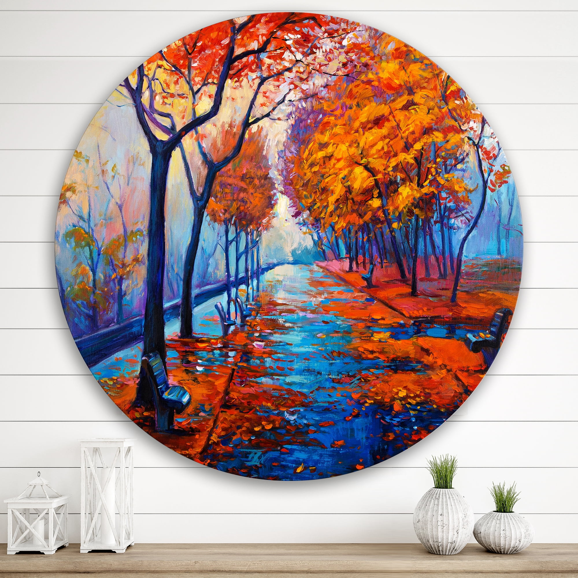 Designart 'Orange Autumn Landscape With Little Road III' Traditional Circle Metal Wall Art 29x29 - Disc of 29