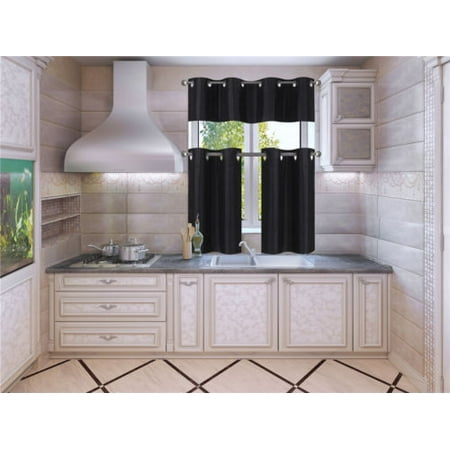 Black Grommet Valance K7 Black 3-Piece Solid Faux Silk Blackout Grommet Kitchen Window Curtain Set, Two (2) Lined Tiers Panel 28