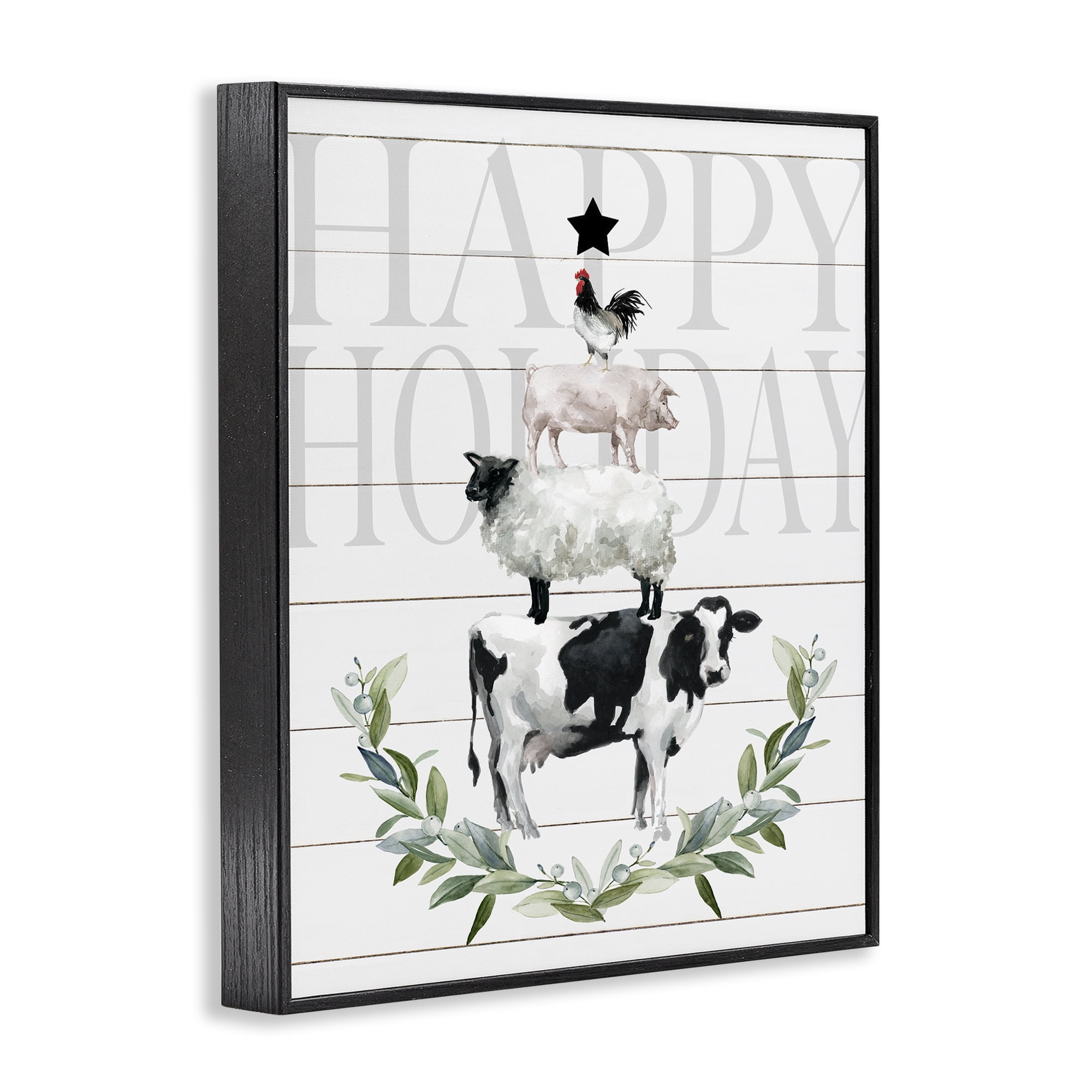 Stupell Industries Happy Holiday Farm Animals Holiday Painting Black Framed Art Prints Wall Art, 16 x 20