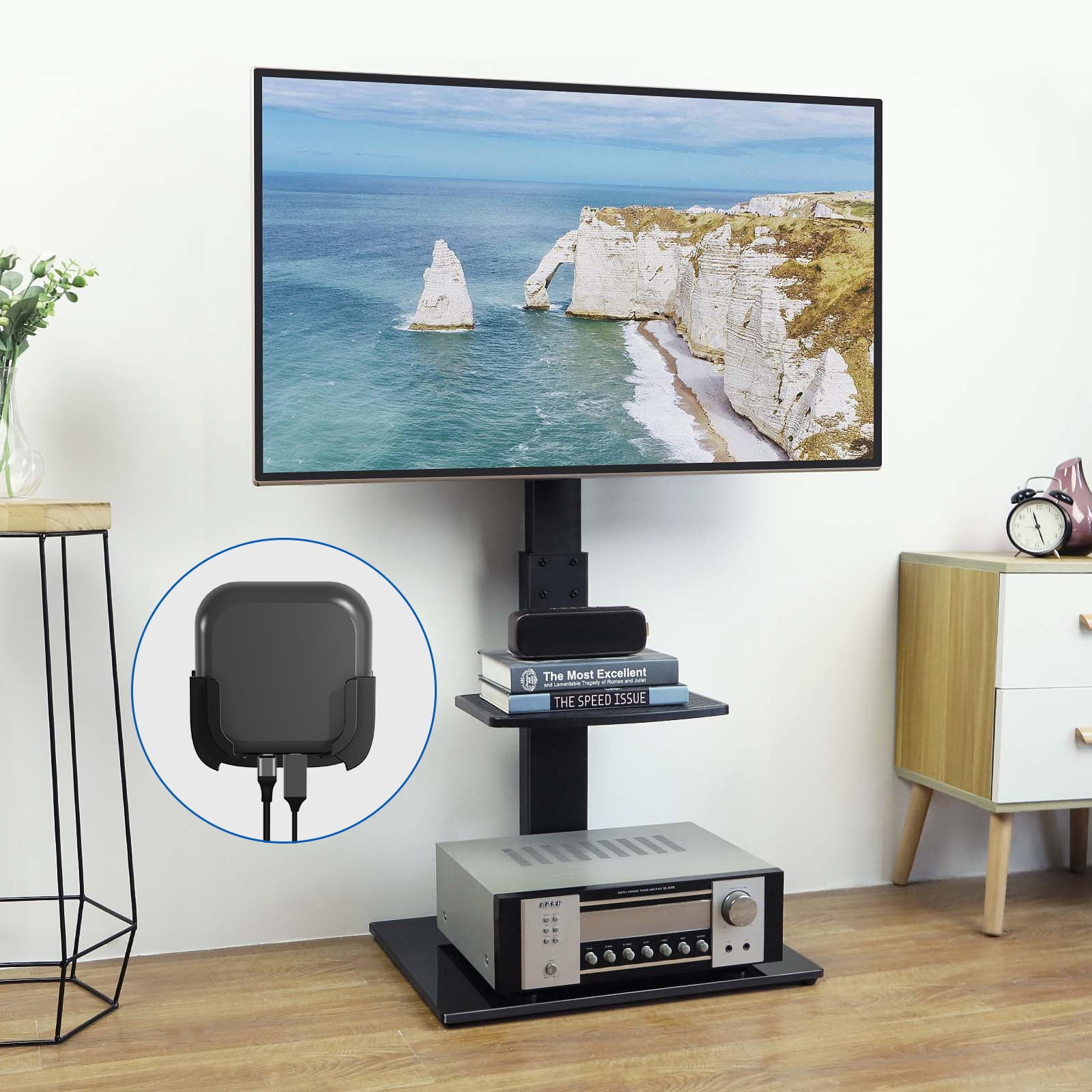 RTVR Floor TV Stand with Mount for 32-70 inch Flat Screens, Black Swivel TV Stand with Adjustable Shelf