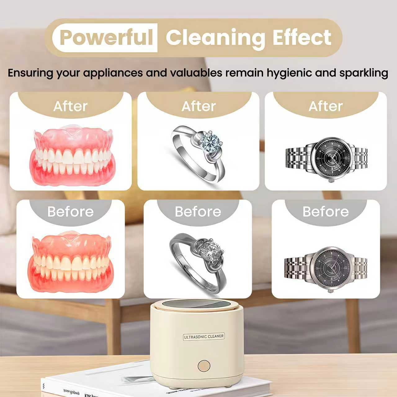 Enroslu Ultrasonic Cleaner for Dentures, 42kHz Portable Professional Ultra Sonic Machine Jewelry, Mouth Guard, Rings, Silver, Watches, Diamonds, Coins, Razors