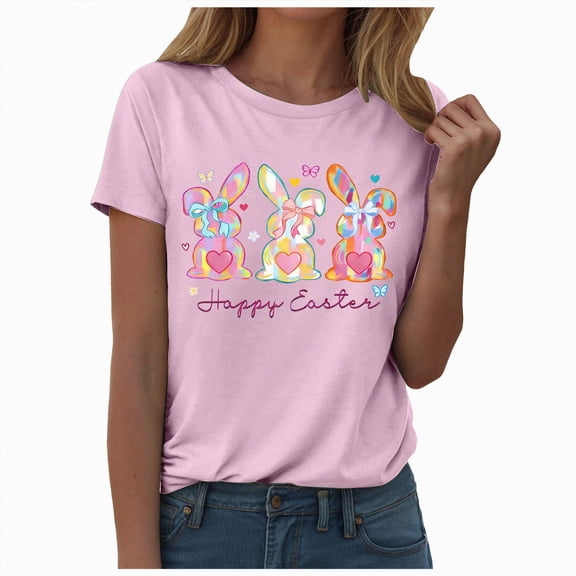 mgoYE Women T-Shirts Loose Fit Easter Shirts for Women Happy Bunny Eggs Plaid Printed T-Shirt Short Sleeve Graphic Tee Tops(Pink,2XL)