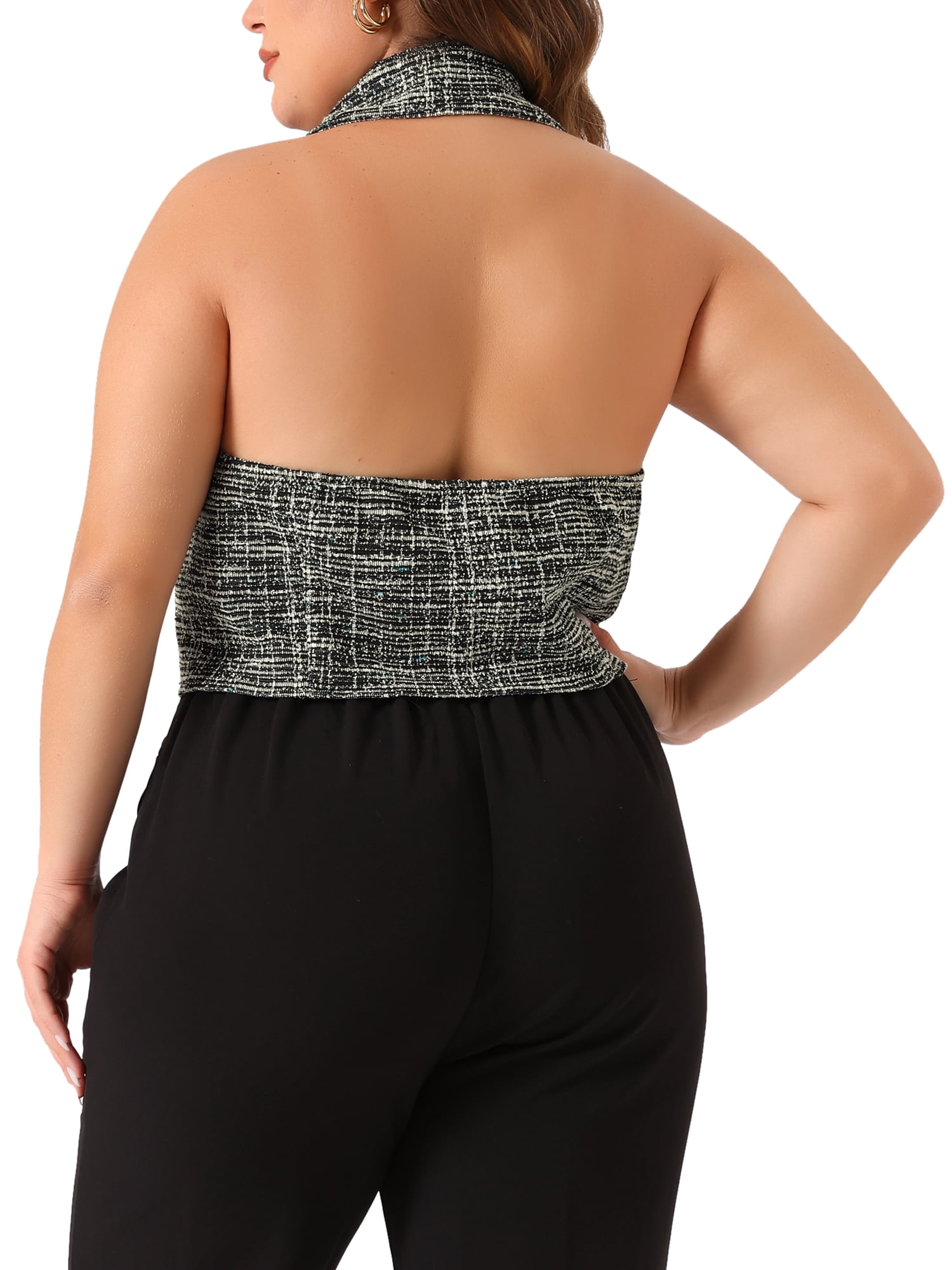 DARING DIVA Women's Plus Size Tweed Halter Neck Single Breasted Vest 4X Black