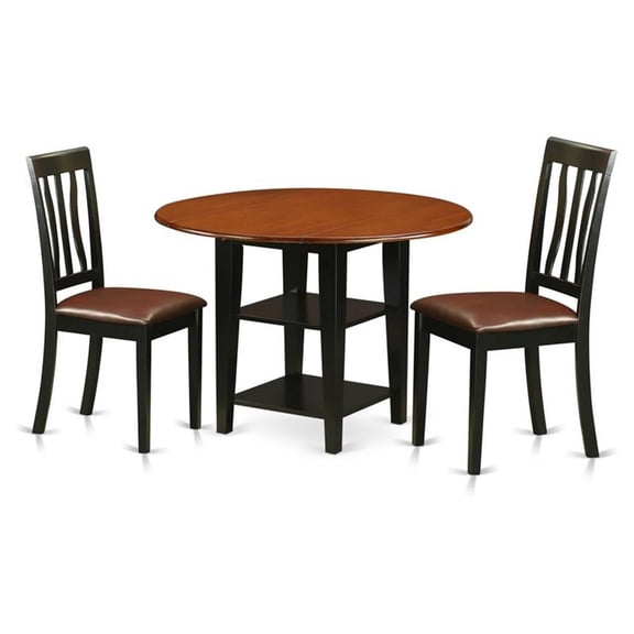 East West Furniture Sudbury 3-piece Dining Set with Leather Seat in Black/Cherry