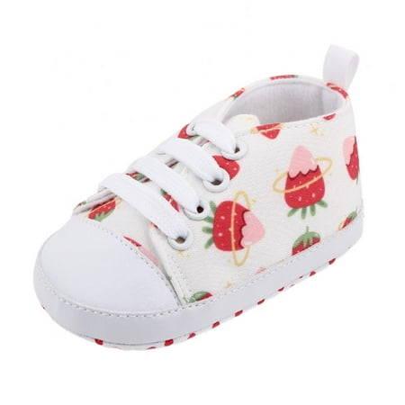

Xmarks Baby Boys Girls High Top Sneaker Soft Anti-Slip Sole Newborn Infant First Walkers Canvas Denim Shoes White strawberry 0-18 Months