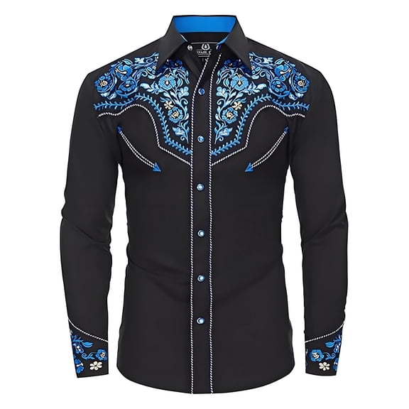 Wuxian Boys Western Cowboy Shirts Floral Print Embroidery Button Down Long Sleeve Casual Regular Fit Elegant Fashionable Cozy Carnival Tshirt Clothes Casual Cute Basic Tees,Black1,6-7 Years