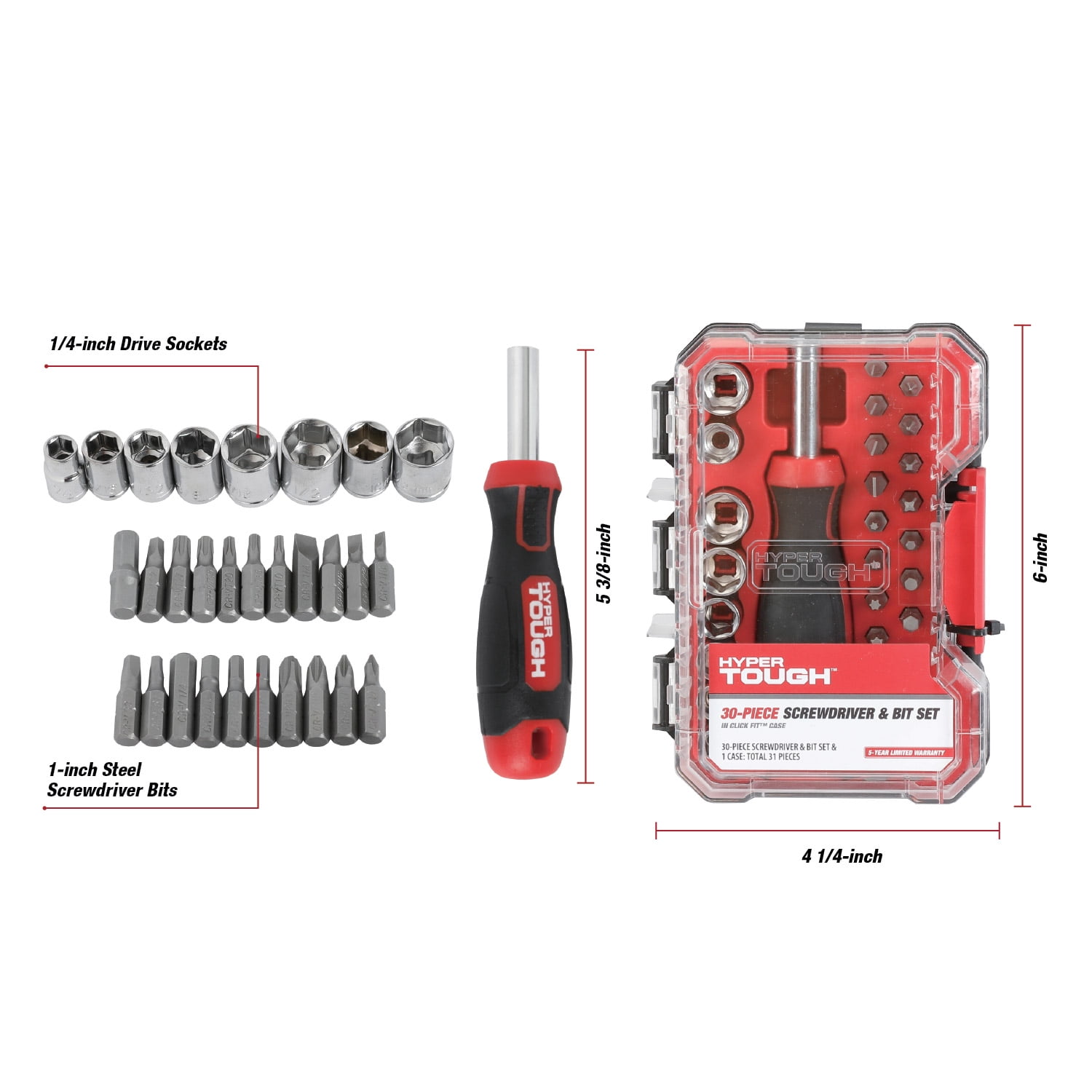 Hyper Tough 30-Piece Screwdriver Handle and Bit Set in Click Fit Case