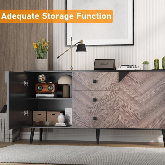 Walnut & Black 55.1 Inch Modern Sideboard Buffet Cabinet, Large Storage Credenza with 3 Drawers & Adjustable Shelf, Accent Furniture for Entryway Dining Living Room