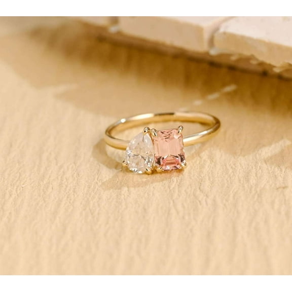 Jewelerix 2 CT Toi Et Moi Pear Moissanite Diamond Engagement Ring 14K Plated Gold Emerald Cut Ring Proposal Promise Rings for Her