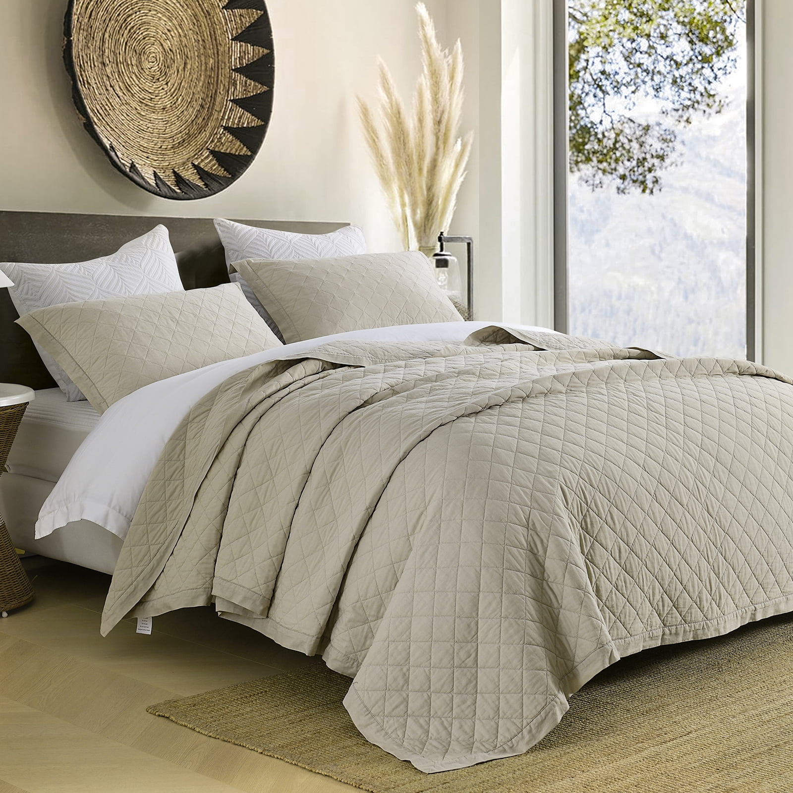 PANGUSHAN 100% Cotton King Quilt Set, Elegant Diamond Pattern Solid Color King Size Quilt Bedding Set Bedspreads, Reversible Quilted Lightweight Comforter, Beige Bed Spread for King Bed, 3pcs