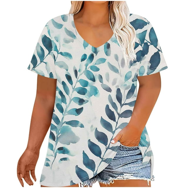 Short pour Femmes Col en V Manches Courtes Imprimé Base Chemise pour Femmes, Haut Décontracté Grande Taille Imitation Rack