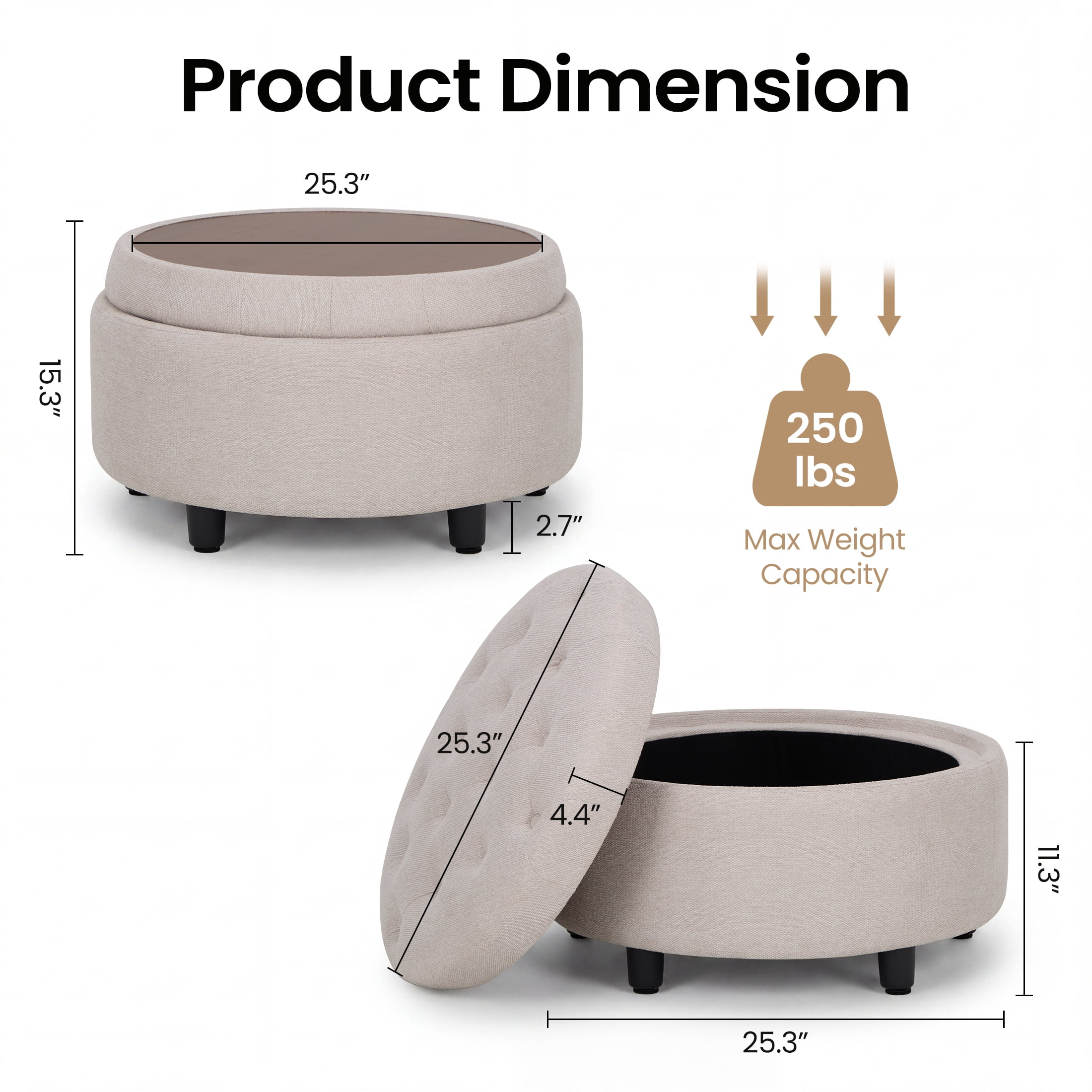 Beige Round Ottoman with Storage and Reversible Tray, Upholstered Fabric Footrest Coffee Table for Living Room, Bedroom, Entryway-25 Inch