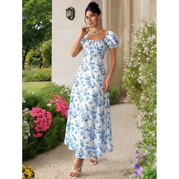 Blue And White Floral Print Square Neck Puff Sleeve Maxi Dress For Women