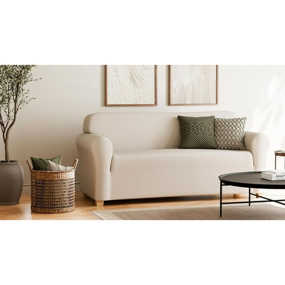 SmartFit Boucle Housse de canapé extensible en tissu recyclé avec tissu performant, housse de meuble 1 pièce, marron clair Housse en tissu