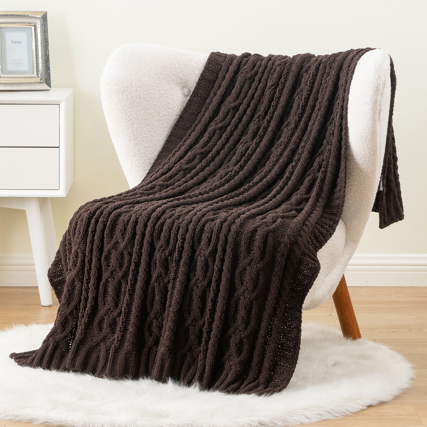 Battilo Chocolate Brown Chenille Throw Blanket, Soft Woven Knit Decorative Blanket for Couch Bed,51"x67"