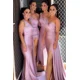 thumbnail image 4 of Vestido de dama de honor personalizado de un hombro para mujer, vestido de fiesta de sirena de satén plisado, vestidos de noche de fiesta de boda con abertura lateral larga, 4 of 5