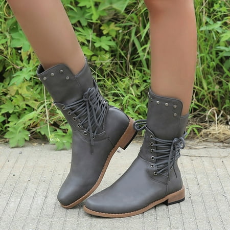 

TALKVE Thick Boots Mid Color Boots Solid Laceup Heel Women s Fashion Women s Boots