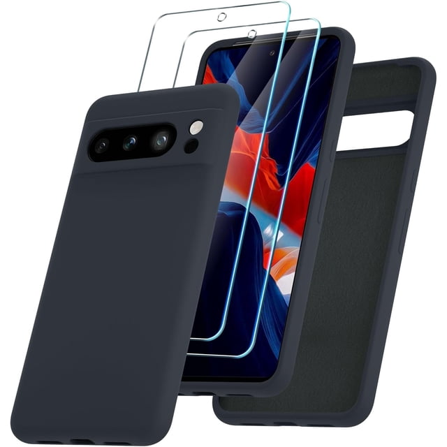 KOMI for Google Pixel 8 Pro Case, Silicone Phone Case with 2 Screen Protector, Soft Anti-Scratch Microfiber Lining, Full Body Shockproof Slim Cover Support Wireless Charging, Grey