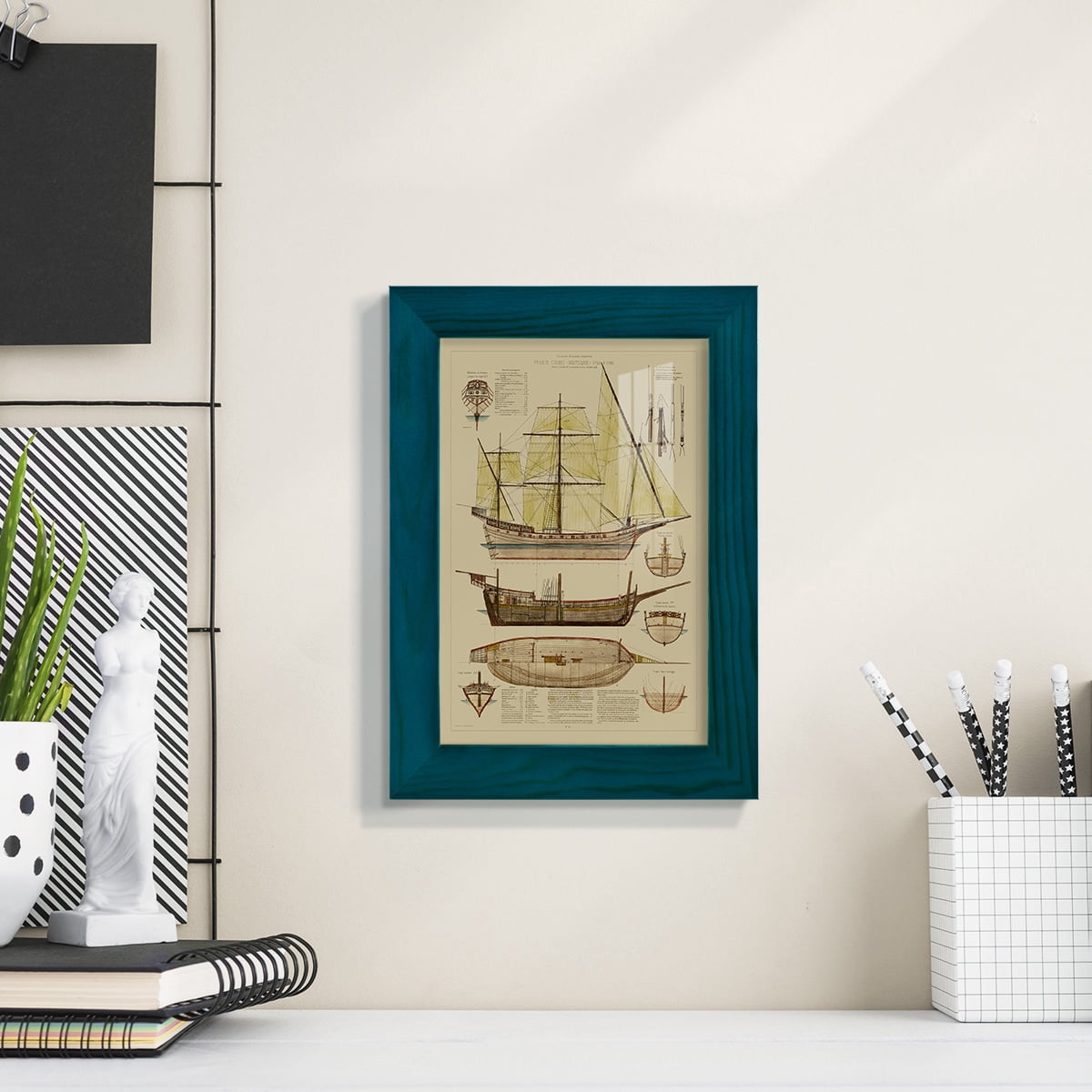 Antique Ship Plan II -Framed Print w/glass-Ocean Blue