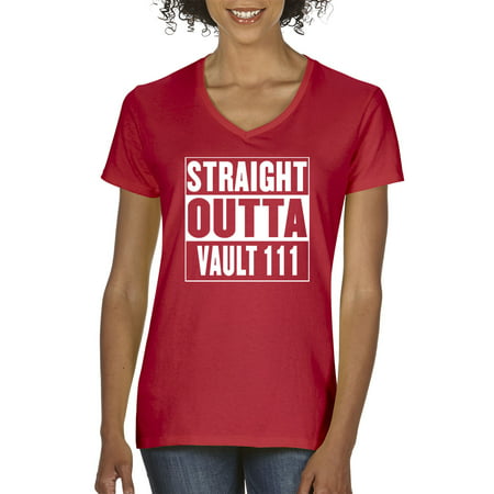 New Way 850 - Women's V-Neck T-Shirt Straight Outta Vault 111 Fallout 4 Game Small (Best Way To Get Caps In Fallout New Vegas)