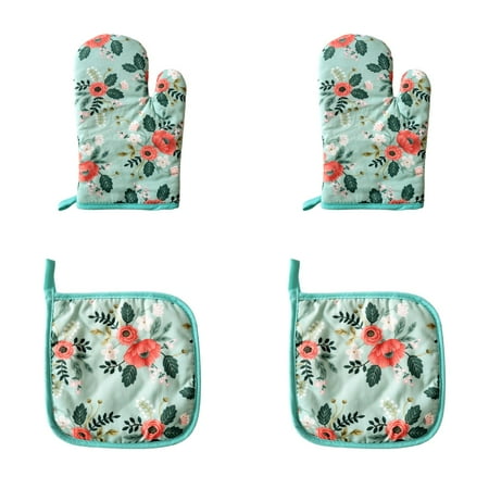 

Green Flower Oven Mitts Pot Holders Set Silicone Vintage Spring Romantic Bloom Floral and Leaf Green Kitchen Oven Mitts