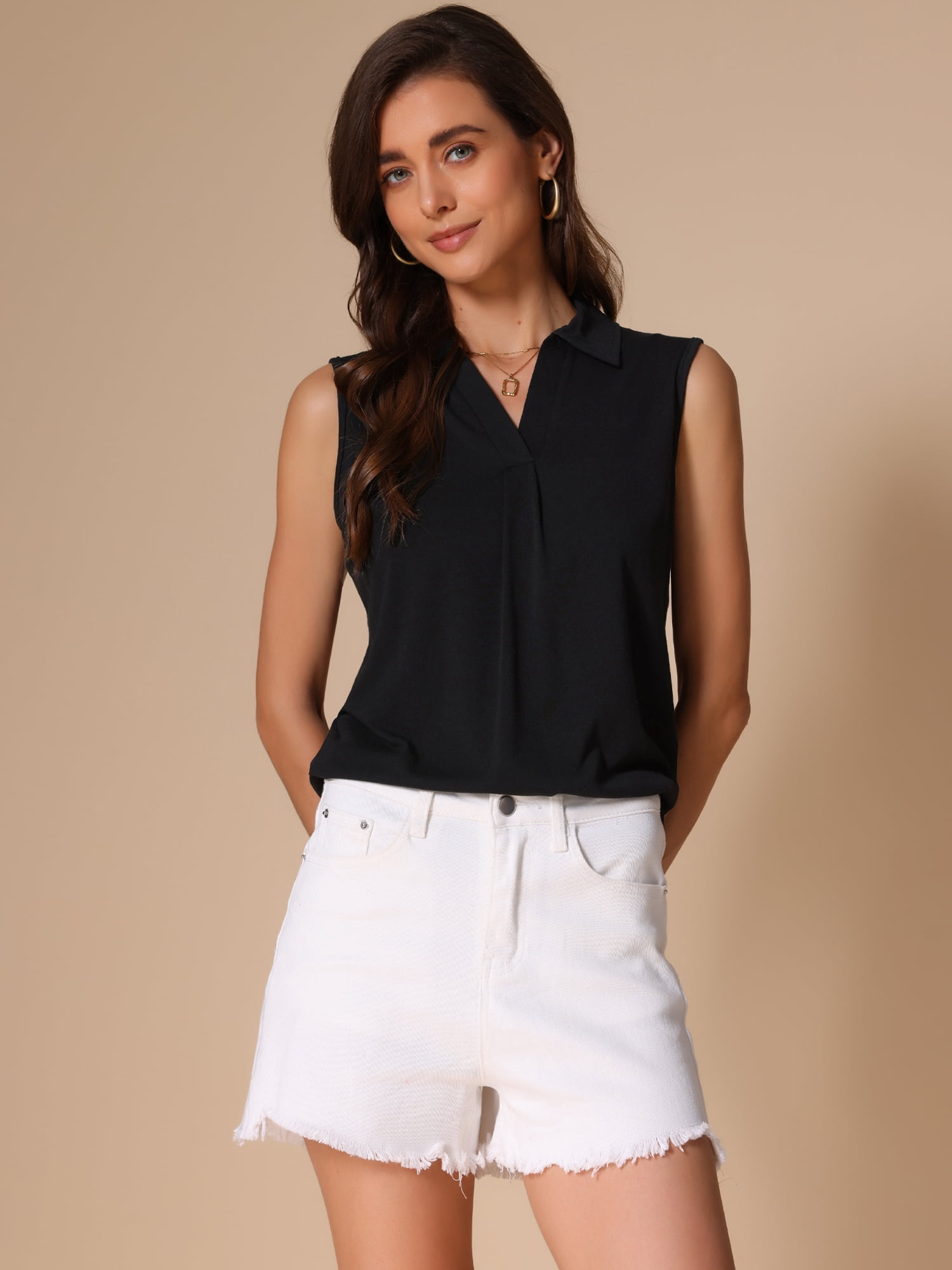 DARING DIVA Women's Sleeveless V Neck Solid Loose Casual Top L Black
