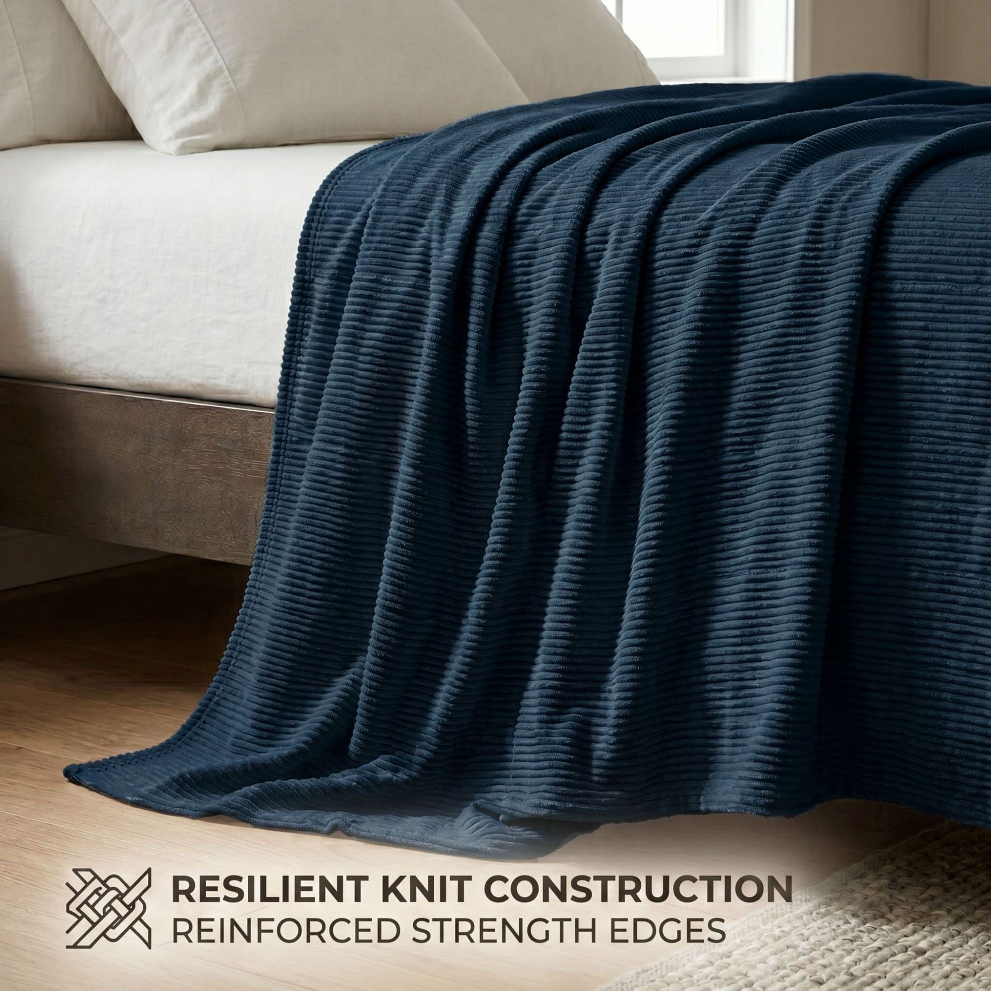 Superior Kacey Ribbed Fluffy Fleece Blanket, Twin Size, Navy Blue