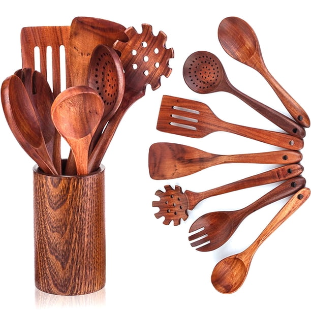 Utensilios de madera de teca juego de 8 cucharas para cocinar teca natural especialmente diseñada para sartenes antiadherentes adecuada para asar y fr