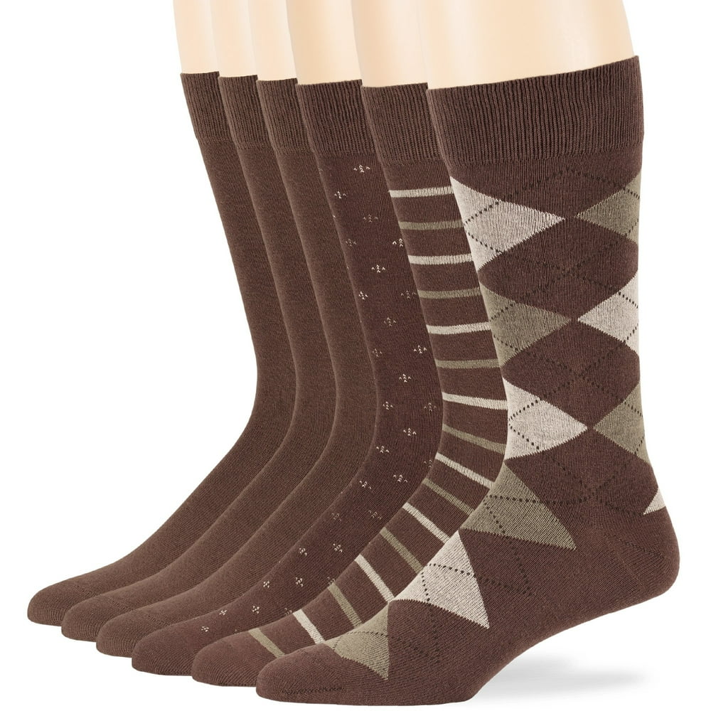 Mens Cotton PatternedSolid Assorted Socks, Brown, Large 1013, 6 Pack
