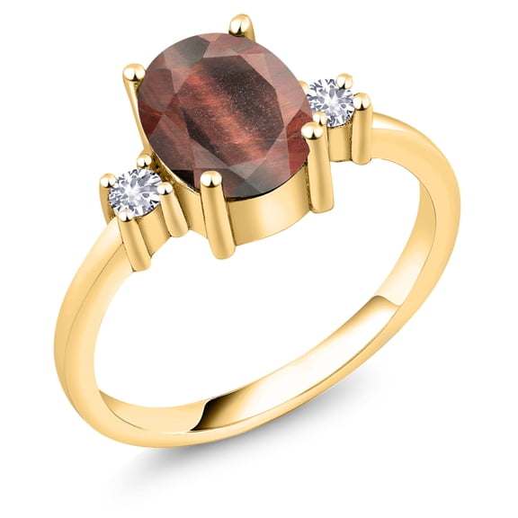 Gem Stone King 1.60 Ct Red Tiger Eye White Created Sapphire 18K Yellow Gold Plated Silver Ring (Size 8)
