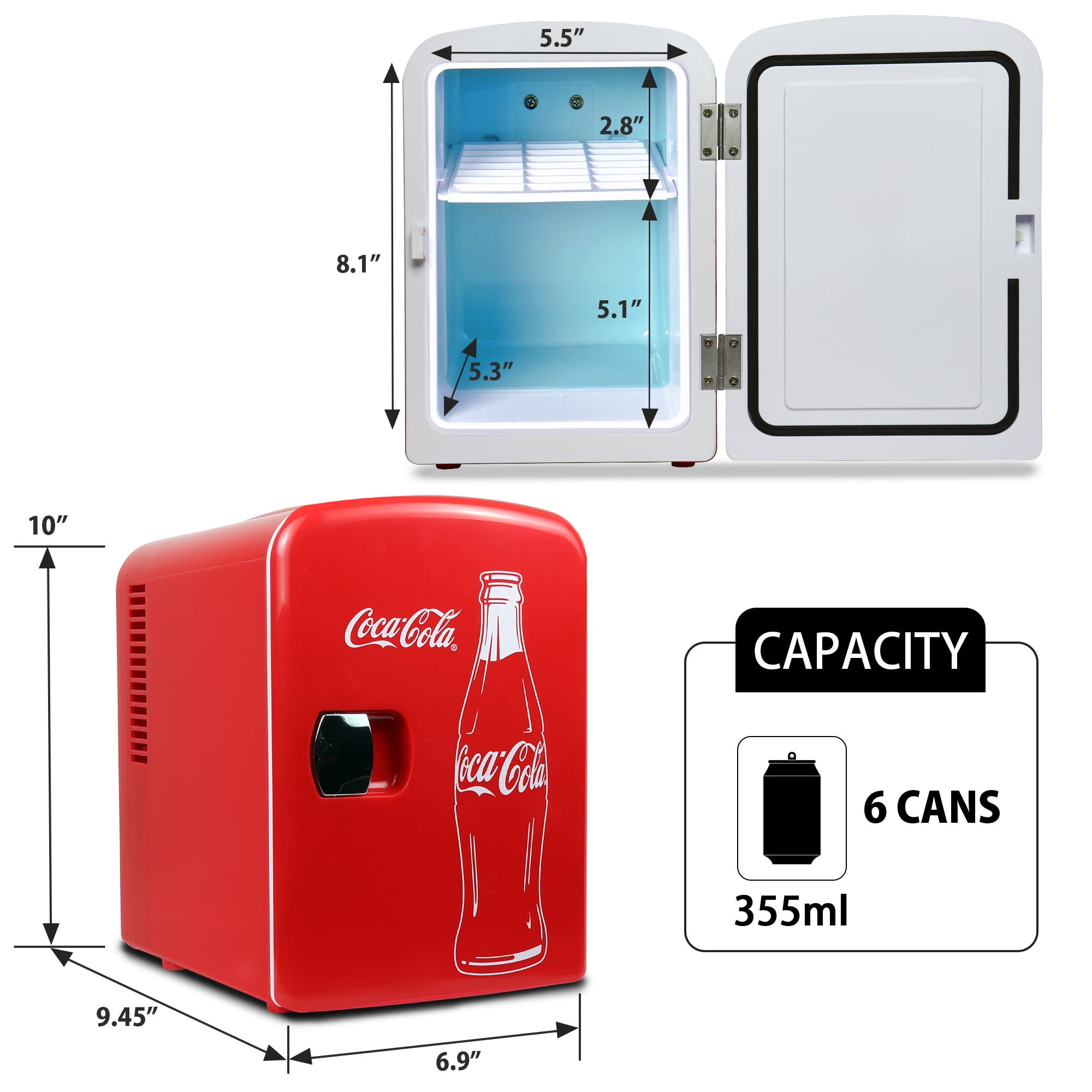 Coca-Cola Classic 4L Mini Fridge, Portable Cooler for 6 Cans, Includes 12V DC & 110V AC Cords, Red Bottle Design, for Home, Office, Dorm, Travel