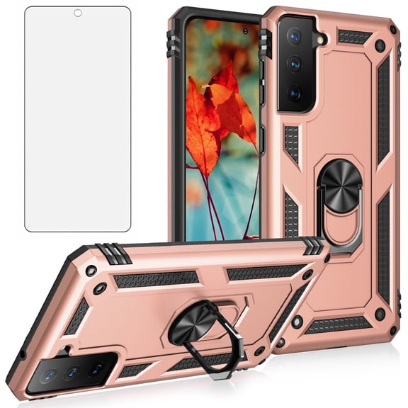 Compatible with Samsung Galaxy S21 FE 5G Phone Case Tempered Glass Screen Protector Slim Magnetic Ring Holder Stand Hybrid Protective Cell Cover for S 21 EF S21FE5G UW 21S G5 6.4 inch Women Men Pink