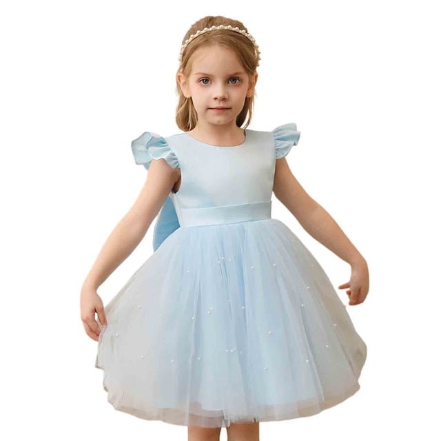 XASZHN Robe en Maille pour Enfants Robe Princesse Élégante Robe Confortable pour Enfants Robes d'Été pour Filles 2025 Bleu Ciel_004 4-5 Ans