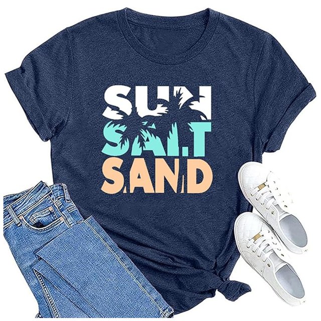 TINZ T-Shirt Décontracté à Manches Courtes Col Rond Imprimé Soleil Sable Plage Été pour Femmes