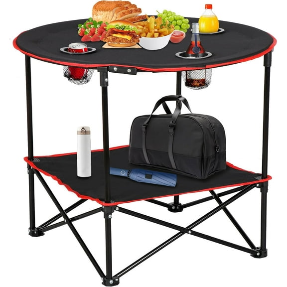 NALYL Portable Folding Picnic Camping Table with Storage Bag and 4 Cupholders, 2-Tiers Round Outdoor Camping Beach Table